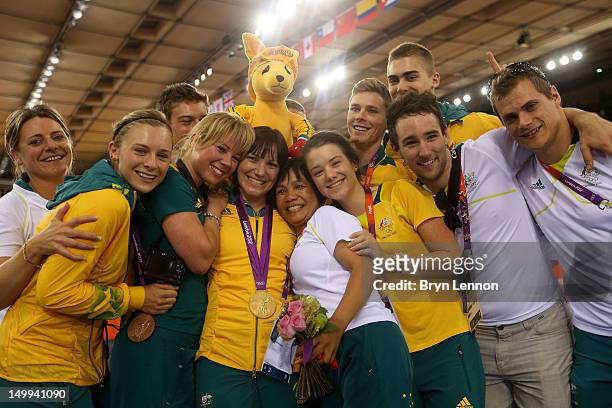 Bronze Medallist Annette Edmondson of Australia in the Women's Omnium Track Cycling celebrates with Gold medallist Anna Meares of Australia in the...