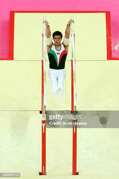 Daniel Corral Barron of Mexico competes in the Artistic Gymnastics Men's Parallel Bar final on Day 11 of the London 2012 Olympic Games at North...