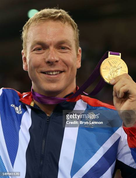 Gold medallist Sir Chris Hoy of Great Britain celebrates during the medal ceremony for the Men's Keirin Track Cycling Final on Day 11 of the London...