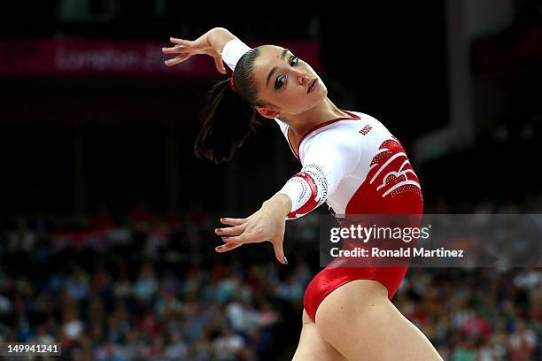 Aliya Mustafina of Russia competes in the Artistic Gymnastics Women's Floor Exercise final on Day 11 of the London 2012 Olympic Games at North...