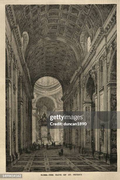 stockillustraties, clipart, cartoons en iconen met the nave of st. peter's basilica, vatican, 1870s 19th century - st peter's basilica the vatican