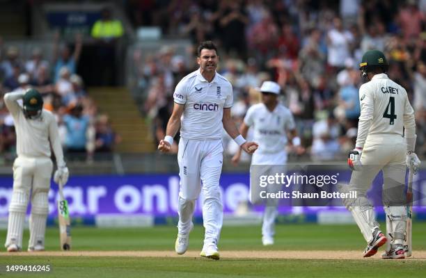 James Anderson of England celebrates taking the wicket of Alex Carey of Australia during Day Three of the LV= Insurance Ashes 1st Test match between...