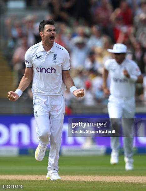 James Anderson of England celebrates taking the wicket of Alex Carey of Australia during Day Three of the LV= Insurance Ashes 1st Test match between...