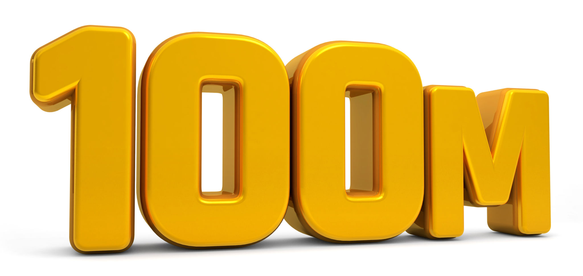 Golden 100M isolated on white background. 100M 3d. Thank you for 100 Million followers 3D gold. 3D rendering Golden 100M isolated on white background. 100M 3d. Thank you for 100 Million followers 3D gold. 3D rendering