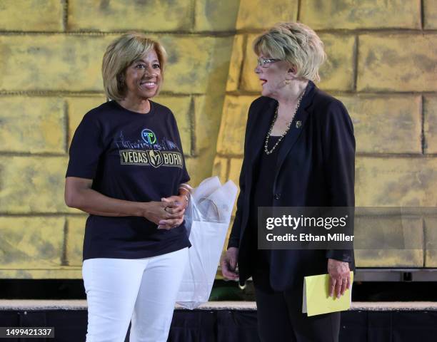 North Las Vegas Mayor Pamela Goynes-Brown and Las Vegas Mayor Carolyn Goodman talk onstage during a victory parade and rally for the Vegas Golden...