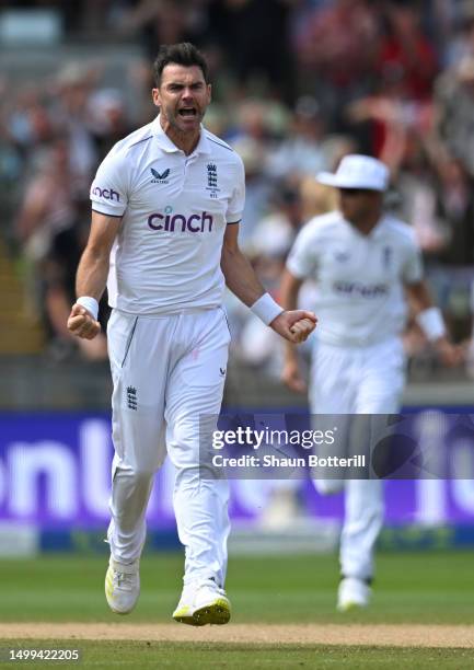 James Anderson of England celebrates taking the wicket of Alex Carey of Australia during Day Three of the LV= Insurance Ashes 1st Test match between...