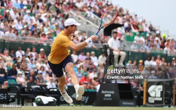 Andy Murray of Great Britain plays against Arthur Cazaux of France during the Rothesay Open at Nottingham Tennis Centre on June 18, 2023 in...