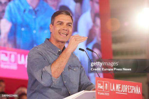 The president of the government of Spain and secretary general of the PSOE, Pedro Sanchez, during the public event at the municipal stand of Dos...