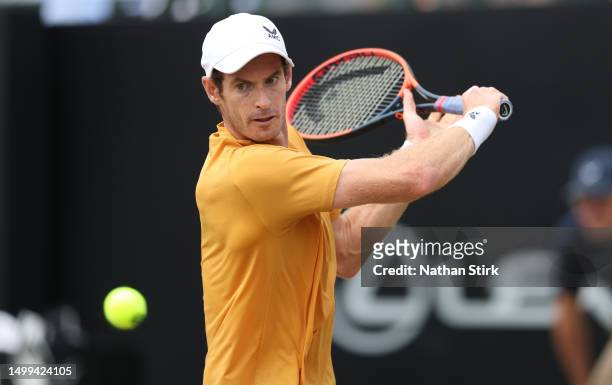 Andy Murray of Great Britain plays against Arthur Cazaux of France during the Rothesay Open at Nottingham Tennis Centre on June 18, 2023 in...