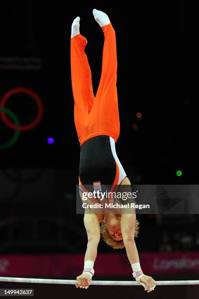 Epke Zonderland of Netherlands competes on the horizontal bar during the Artistic Gymnastics Men's Horizontal Bar final on Day 11 of the London 2012...