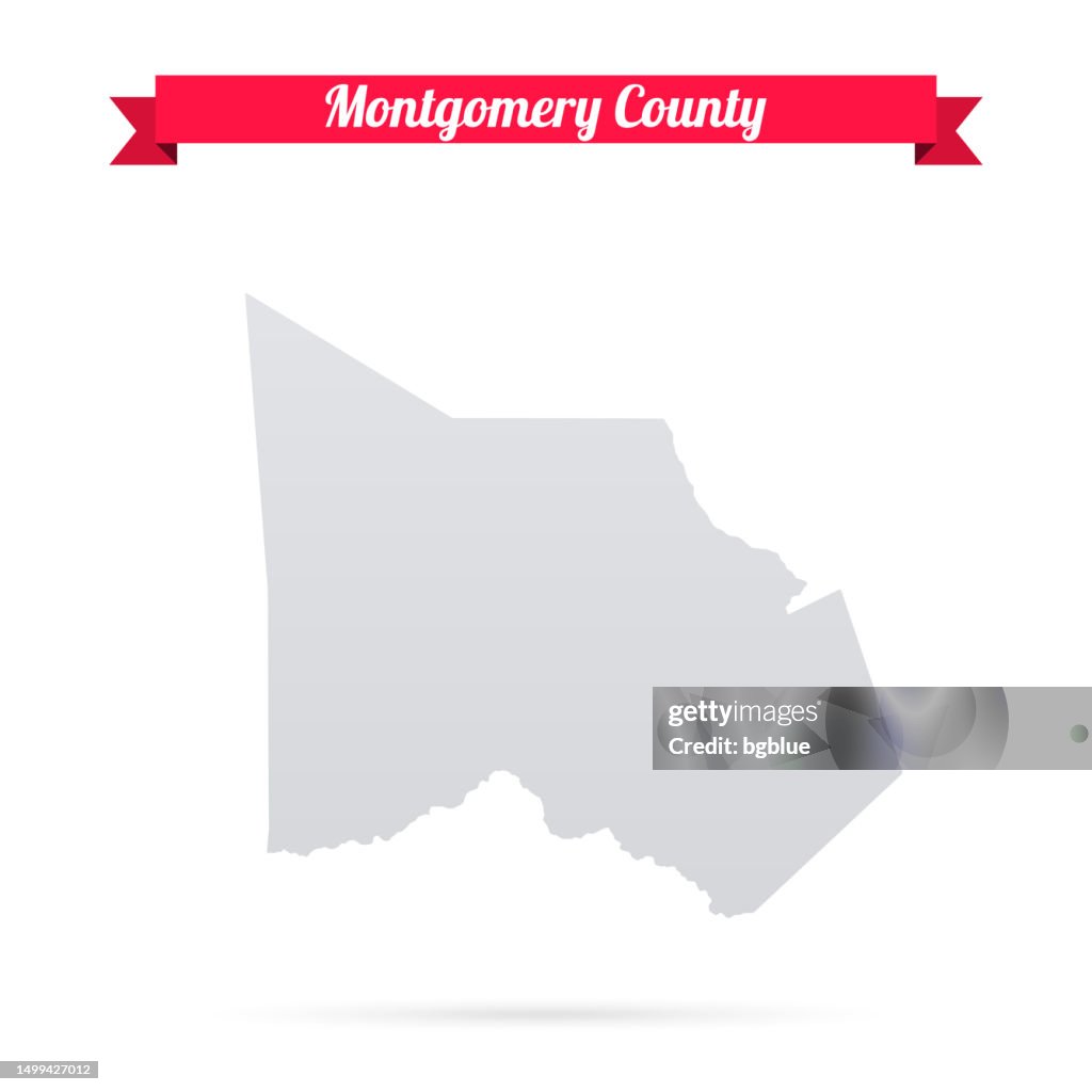 Condado de Montgomery, Texas. Mapa sobre fondo blanco con banner rojo