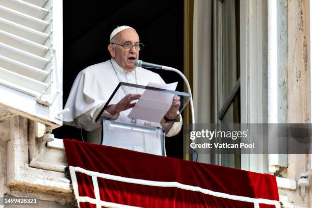 Pope Francis attends the Regina Coeli Prayer and delivers his Angelus blessing to the faithful gathered in St. Peter's Square on June 18, 2023 in...