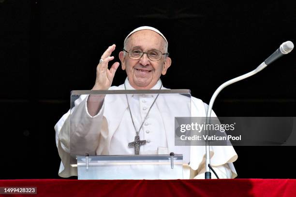 Pope Francis attends the Regina Coeli Prayer and delivers his Angelus blessing to the faithful gathered in St. Peter's Square on June 18, 2023 in...
