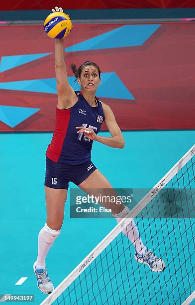 Logan Tom of the United States sets the ball in the first set against the Dominican Republic during Women's Volleyball quarterfinals on Day 11 of the...