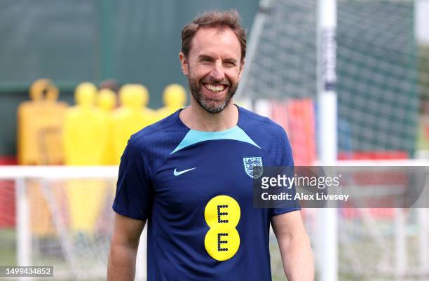 Gareth Southgate, Manager of England, reacts during a training session at Carrington Training Ground on June 18, 2023 in Manchester, England.