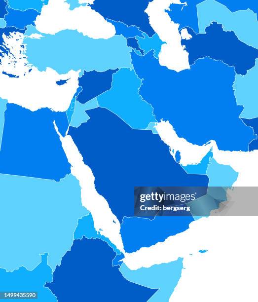 high detailed middle east blue map with national borders of saudi arabia, egypt, turkey, iran, oman, yemen, iraq, israel, syria, jordan, qatar, georgia, azerbaijan and united arab emirates - georgia country stock illustrations