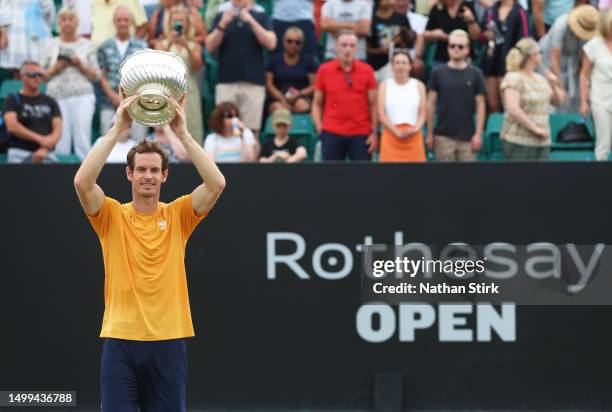 Andy Murray of Great Britain wins the mens singles Rothersay Open Cup as he beats Arthur Cazaux of France during the Rothesay Open at Nottingham...