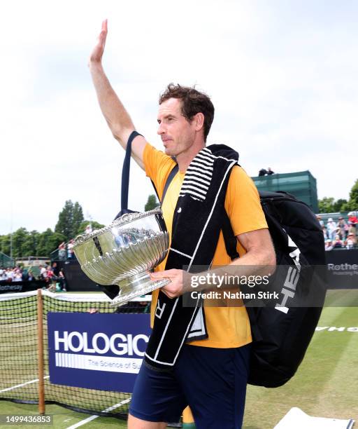 Andy Murray of Great Britain wins the mens singles Rothersay Open Cup as he beats Arthur Cazaux of France during the Rothesay Open at Nottingham...