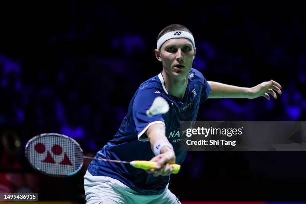 Viktor Axelsen of Denmark competes in the Men's Single Final match against Anthony Sinisuka Ginting of Indonesia on day six of the Indonesia Open...