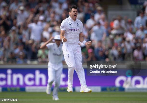 Jimmy Anderson of England celebrates taking the wicket of Alex Carey of Australia during Day Three of the LV= Insurance Ashes 1st Test match between...