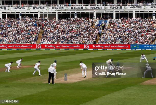 Usman Khawaja of Australia is bowled by Ollie Robinson of England during Day Three of the LV= Insurance Ashes 1st Test match between England and...