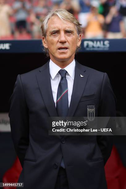 Roberto Mancini, Head Coach of Italy, stands for a national anthem prior to the UEFA Nations League 2022/23 third-place match between Netherlands and...