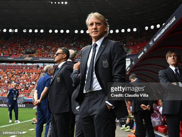 Head coach of Italy Roberto Mancini looks on before the UEFA Nations League 2022/23 third-place match between Netherlands and Italy at FC Twente...