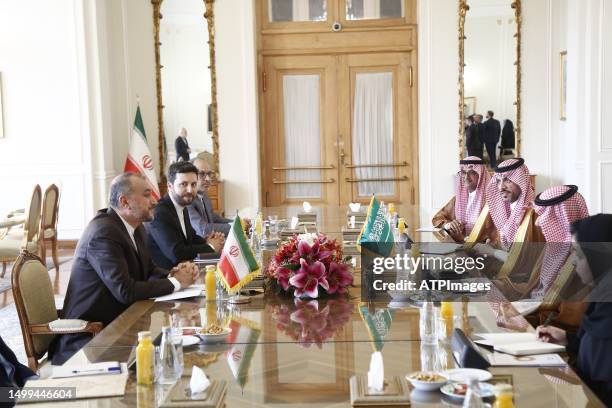 Iranian Foreign Minister Hossein Amir-Abdollahian speaks with his Saudi counterpart Faisal bin Farhan on June 17, 2023 In Tehran, Iran. Farhan...