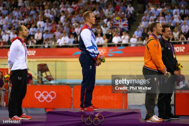 Silver medallist Maximilian Levy of Germany, Gold medallist Sir Chris Hoy of Great Britain, and joint Bronze medallists Teun Mulder of the...