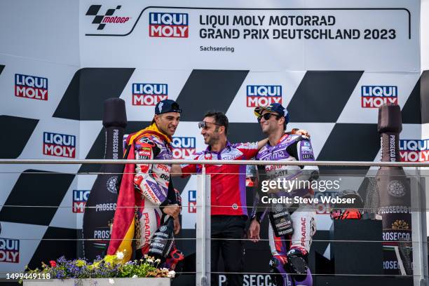 Jorge Martin of Spain and Prima Pramac Racing and Johann Zarco of France and Prima Pramac Racing celebrating on the podium during the Race of the...