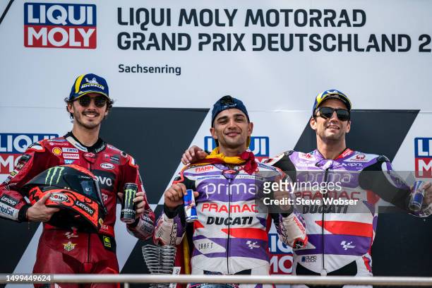 MotoGP Top-3 riders on the Podium - Francesco Bagnaia of Italy and Ducati Lenovo Team , Jorge Martin of Spain and Prima Pramac Racing and Johann...