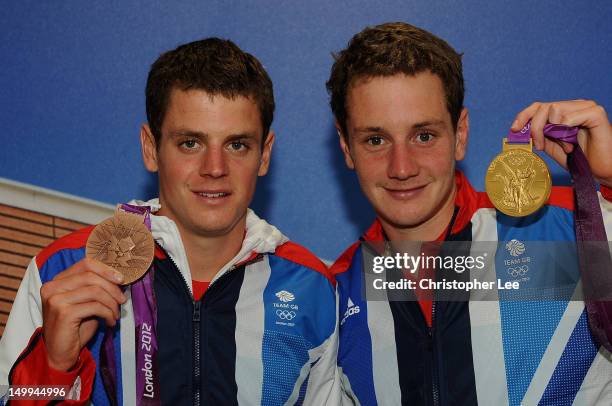 Triathlete's and Olympic Medalist's Jonathan Brownlee with his Bronze medal and Alistair Brownlee with his Gold medal of Great Britain visit TeamGB...