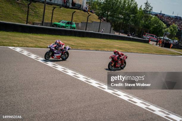 Jorge Martin of Spain and Prima Pramac Racing crosses the finish line and wins the race during the Race of the MotoGP Liqui Moly Motorrad Grand Prix...