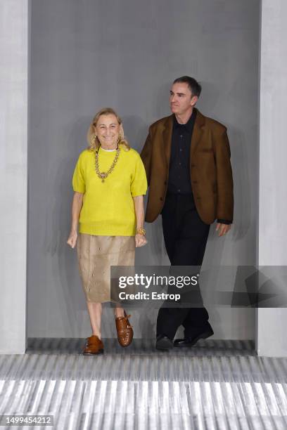 Fashion designers Miuccia Prada & Raf Simons at the Prada Spring/Summer 2024 fashion show during the Milan Fashion Week menswear spring/summer 2024...