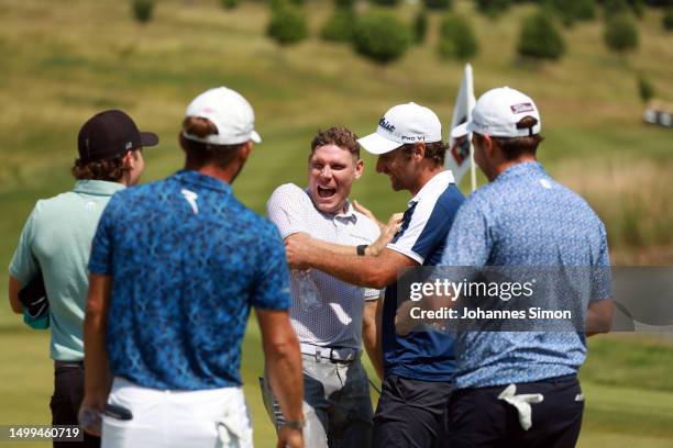 Lorenzo Scalise of Italy is congratulated by team mates and friends after his victory during Day Four of the Kaskáda Golf Challenge 2023 at Kaskáda...