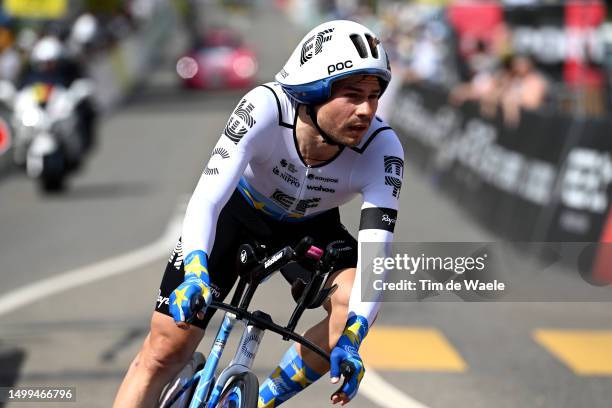 Stefan Bissegger of Switzerland and Team EF Education-EasyPost crosses the finish line during the 86th Tour de Suisse 2023, Stage 8 a 25.7km...