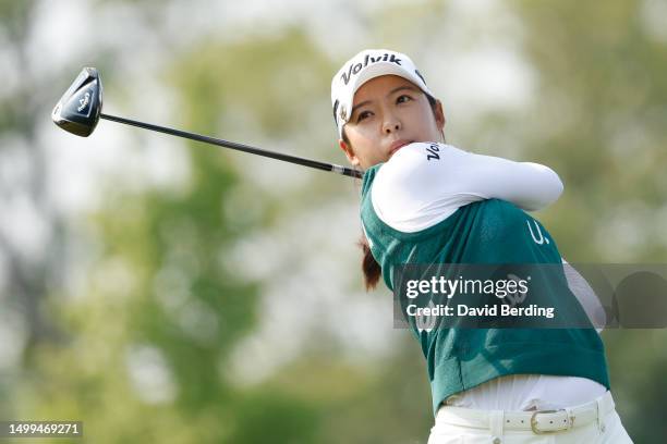 Mi Hyang Lee of South Korea hits a tee shot on the third hole during the final round of the Meijer LPGA Classic for Simply Give at Blythefield...