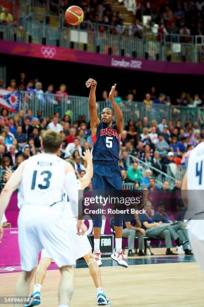 Summer Olympics: USA Kevin Durant in action, shot vs Argentina during Men's Preliminary Round - Group A game vs at Basketball Arena. London, United...