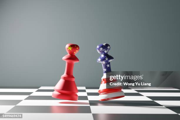 usa  and china chess flag trade relation and rivalry, 3d render - anticommunist stock pictures, royalty-free photos & images