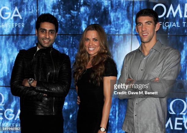 Indian actor Abhishek Bachchan and U.S. Olympic Swimmers Natalie Coughlin and Michael Phelps attend 'Spotlight On Swimming' at OMEGA House, OMEGA's...