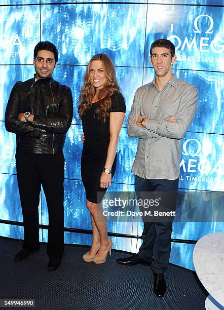 Indian actor Abhishek Bachchan and U.S. Olympic Swimmers Natalie Coughlin and Michael Phelps attend 'Spotlight On Swimming' at OMEGA House, OMEGA's...