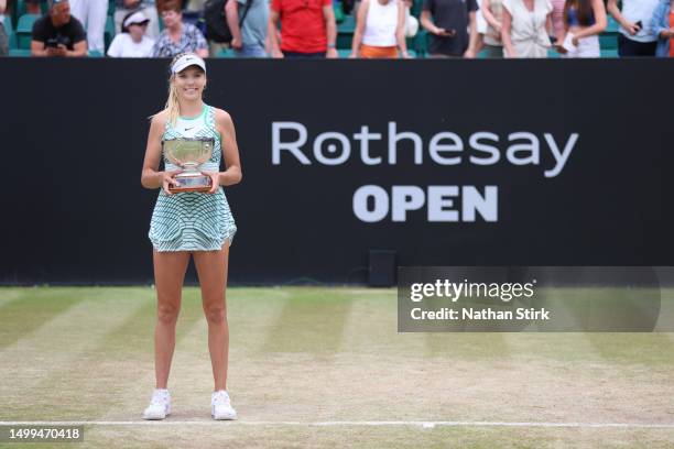 Katie Boulter of Great Britain holds the Women's Singles Rothersay Open Trophy after beating Jodie Burrage during the Rothesay Open at Nottingham...