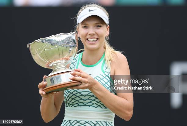 Katie Boulter of Great Britain holds the Women's Singles Rothersay Open Trophy after beating Jodie Burrage during the Rothesay Open at Nottingham...
