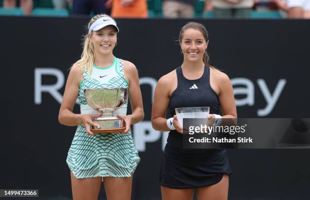Katie Boulter of Great Britain holds the Women's Singles Rothesay Open Trophy after beating Jodie Burrage during the Rothesay Open at Nottingham...