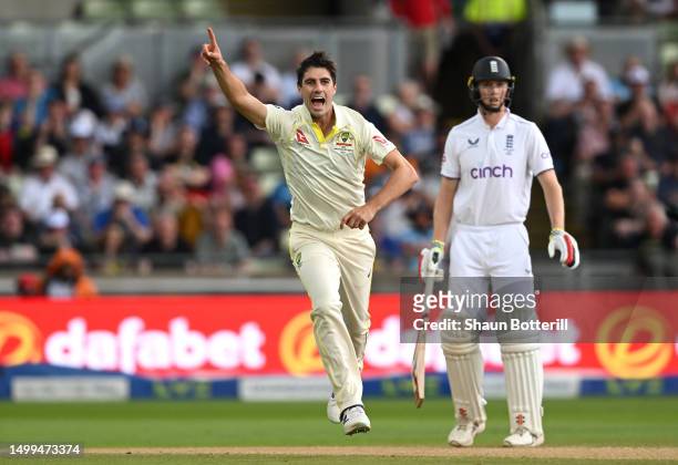 Pat Cummins of Australia celebrates taking the wicket of Ben Duckett of England which was caught by Cameron Green of Australia during Day Three of...