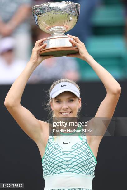 Katie Boulter of Great Britain holds the Women's Singles Rothesay Open Trophy after beating Jodie Burrage during the Rothesay Open at Nottingham...