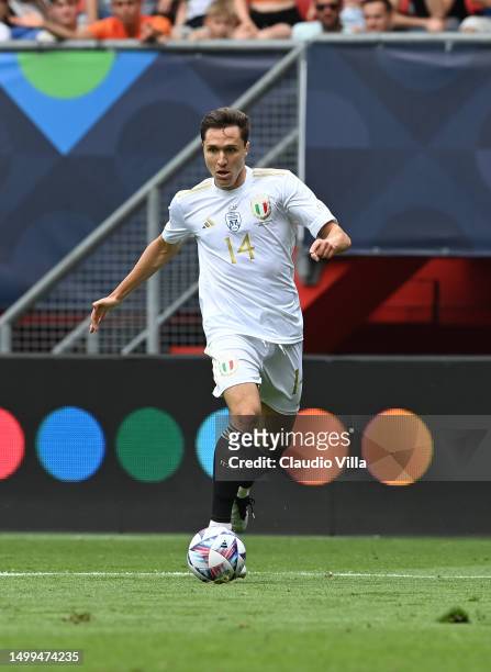 Federico Chiesa of Italy in action during the UEFA Nations League 2022/23 third-place match between Netherlands and Italy at FC Twente Stadium on...