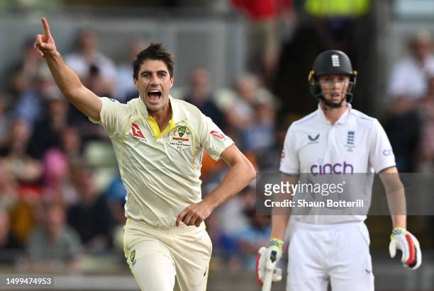Pat Cummins of Australia celebrates taking the wicket of Ben Duckett of England which was caught by Cameron Green of Australia during Day Three of...