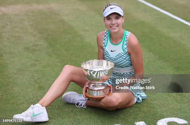 Katie Boulter of Great Britain holds the Women's Singles Rothesay Open Trophy after beating Jodie Burrage during the Rothesay Open at Nottingham...