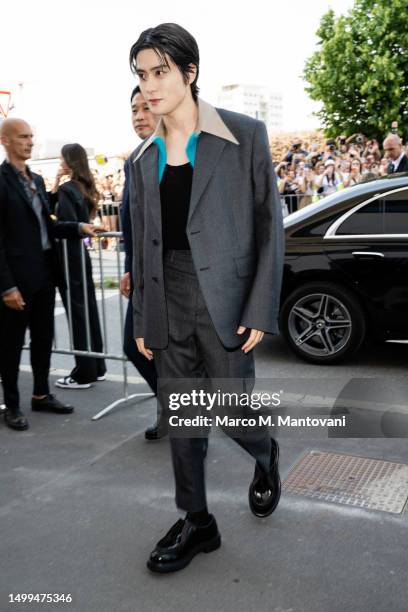 Jaehyun is seen arriving at the Prada Spring/Summer 2024 fashion show during the Milan Fashion Week menswear spring/summer 2024 on June 18, 2023 in...